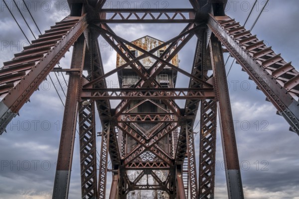 A detail of historic railroad Katy Bridge over Missouri River at Boonville with a lifted midsection
