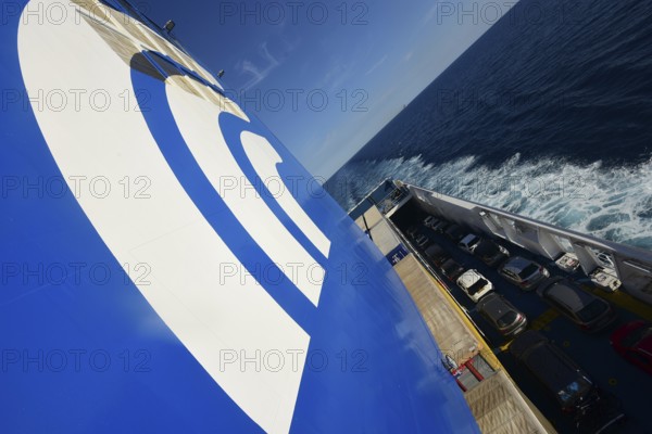 A car ferry of the GNV shipping company on its way from Palermo / Sicily shortly in front of entering the harbour of Genoa. Lorry trailers and cars can be seen on board