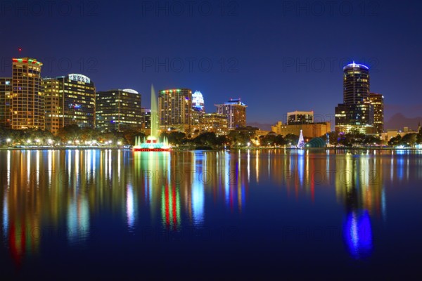 Orlando skyline sunset at lake Eola in Florida USA