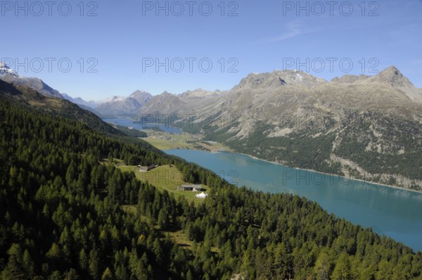 Marvellous Swiss Alpine panorama from Corvatsch to the glacial lakes of the Upper Engadine