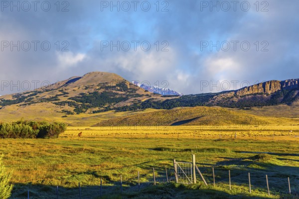 The huge possessions of a private hacienda are surrounded by distant mountains. The grass field is covered with streams. Argentine Patagonia. The concept of exotic and active tourism