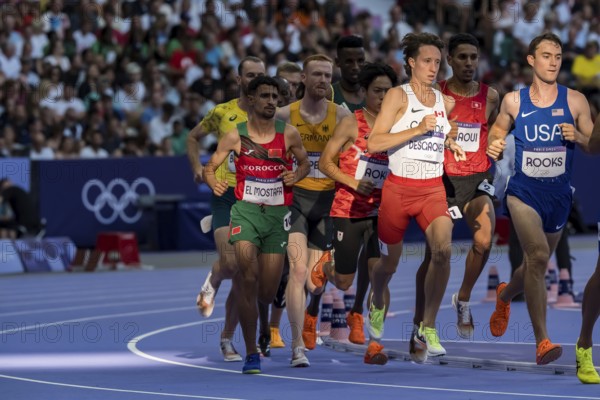 FAID EL MOSTAFA (MAR) of Morocco, competes in the Men's 3000m Steeplechase Round 1 at the Stade de France Stadium during the 2024 Paris Summer Olympics in Paris, France, Paris, Europe
