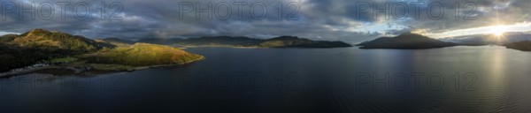 Evening mood at Loch Alsh with Tulach Ard hill and Skye Bridge, drone shot, Reraig, Kyle, Scotland, Great Britain