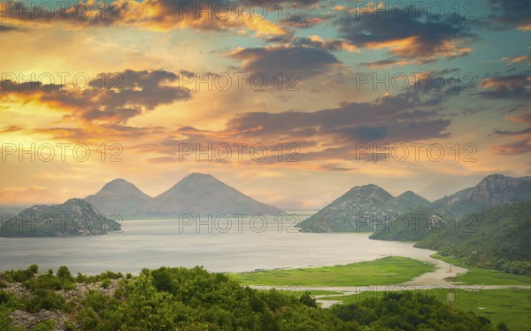 Mountains on Scadar lake at sunset in Montenegro