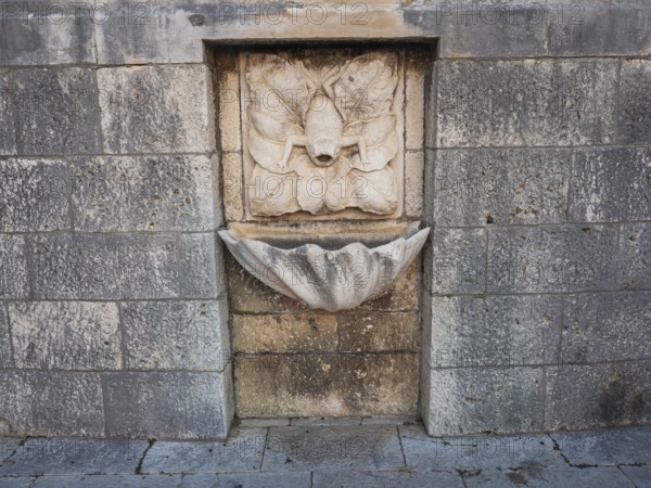 Stone relief, frog, fountain in the old town centre of Korcula, island of Korcula, Dalmatia, Croatia, Europe