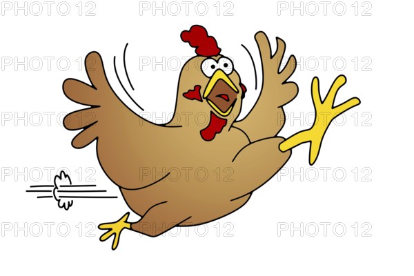 A comic art illustration of a running chicken isolated on white background
