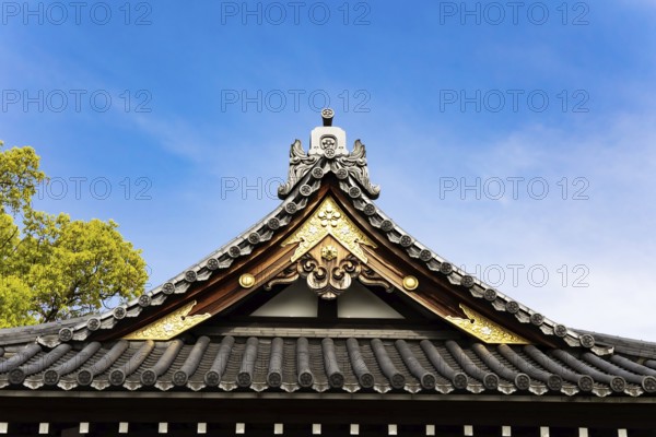 Temple roof. Decor element. Flower Temple by Kameido Tenjin. The temple is dedicated to the politician Sugawara no Michizane, the patron saint of students