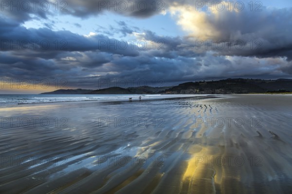 Sunrise over the ocean. Low tide. Strips of sand and water left by the ocean tide. New Zealand, Pacific Coast. The concept of artistic photography