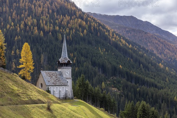 Church of St. Peter with golden larch in autumn, Monstein, Davos, Grisons, Switzerland, Europe