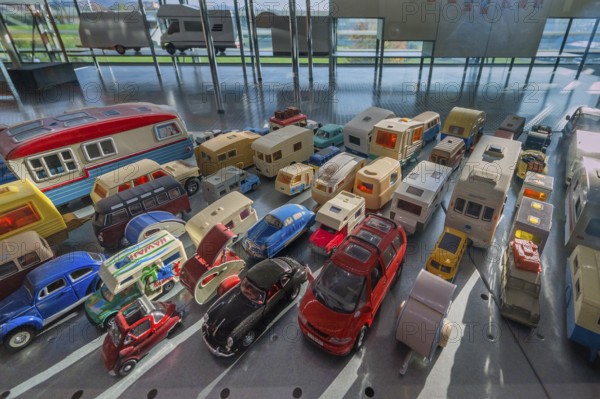 Collection of car and caravan models, interior view, Erwin Hymer Museum, caravans, Bad forest lake, Upper Swabia, Baden-Württemberg, Germany, Europe