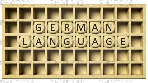3d rendering of a wooden grid with cubes and the message german language