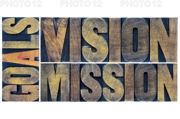 Goals, vision and mission typography abstract - a collage of isolated words in letterpress wood type
