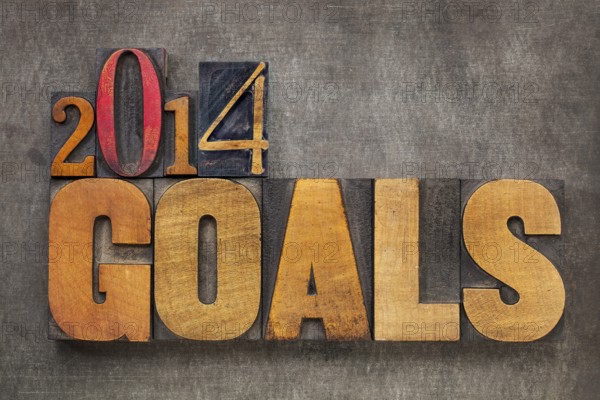 2014 goals - New Year resolution concept - text in vintage letterpress wood type blocks against grunge metal
