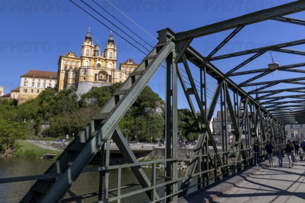 Steel truss lift bridge over the Melk arm of the Danube, behind the collegiate church, Melk, Austria, Europe