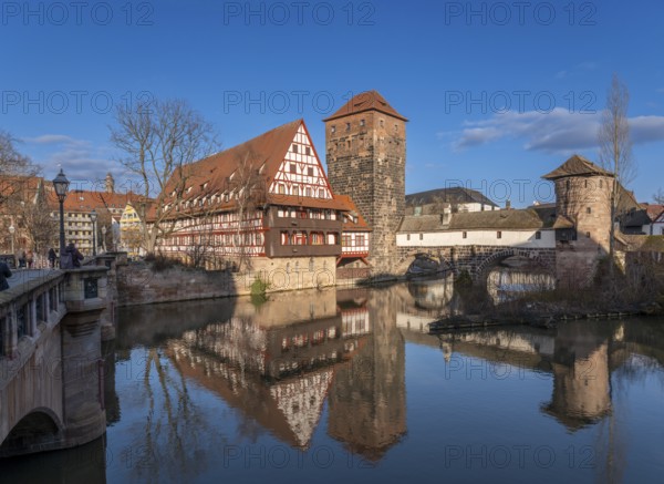 Maxbrücke, Weinstadel, water tower, Henkersteg, Henkerbrücke (from left), river Pegnitz, Old Town, Nuremberg, Franconia, Bavaria, Germany, Europe