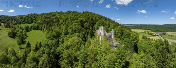 Historic site ruins of the Château de Löwenburg, drone image, Pleigne, Jura, Switzerland, Europe
