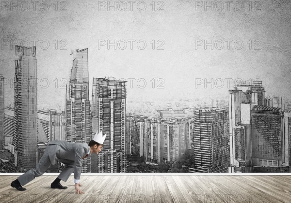King businessman in elegant suit running and drawn cityscape silhouette at background