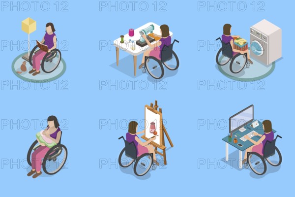 3D Isometric Flat Illustration of Disabled Character and Household Chores, Home Tasks Completion