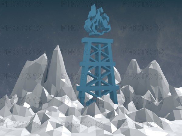 Blue gas rig icon on low poly surface