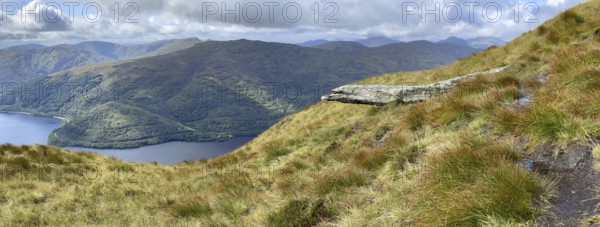Rocks at Ben Lomond, view of Loch Lomond and the Trossachs National Park, Ben Lomond, Rowardennan, Scotland, Great Britain