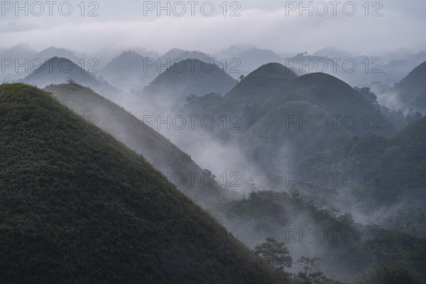 Chocolate hills on the island Bohol in the philippines at sunrise with mist and fog
