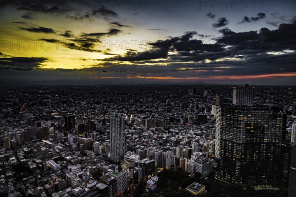 Shinjuku of city landscape and sunset visible from the observatory of the Tokyo Metropolitan Government Building. Shooting Location: Tokyo metropolitan area