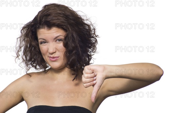Beautiful brunette with gorgeous curly hair. Isolated on white background