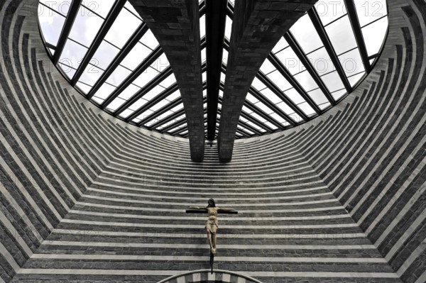 Interior view, San Giovanni Battista, modern church by Mario Botta, completed in 1997, Mogno, Maggia Valley, Valle Maggia, Canton Ticino, Switzerland, Europe, Modern church building with striking stripes and cross in impressive symmetry, Europe