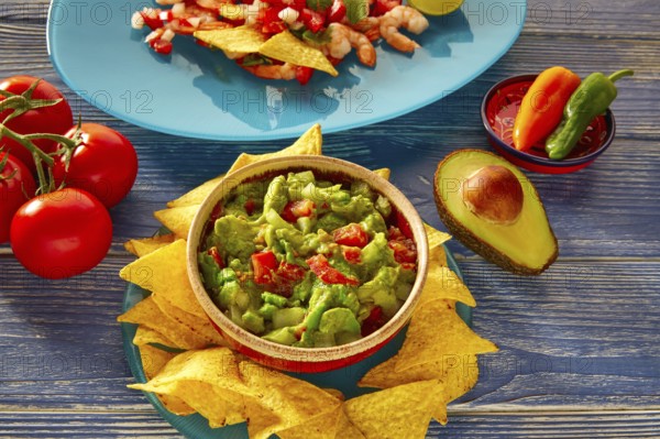 Guacamole with avocado tomatoes and nachos mexican food