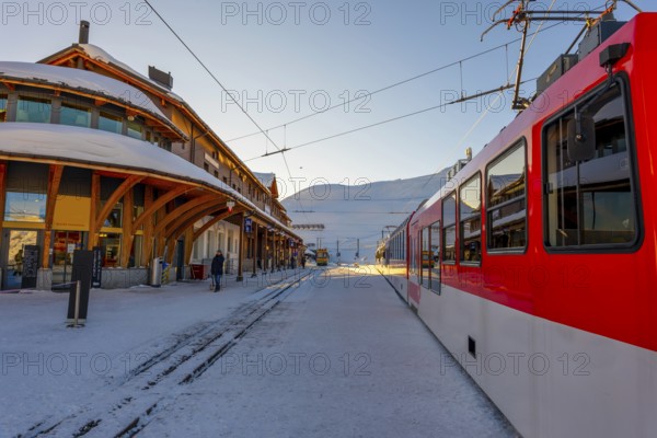 Railroad Station at 2061 Meters High Up in a Snowy Sunny Winter Day in Kleine Scheidegg, Grindelwald, Bern Canton, Switzerland, Europe