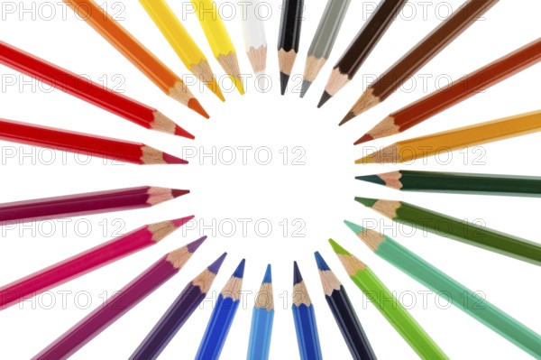Colored pencils stacked in a circle isolated on white background