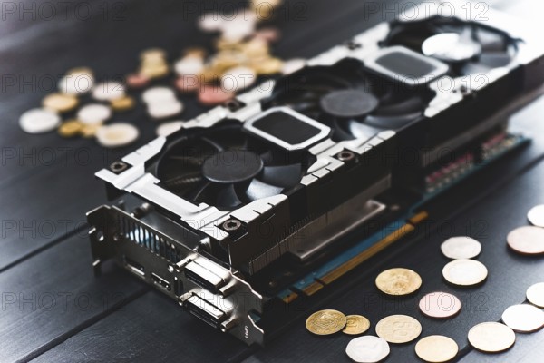 Cryptocurrency mining concept with bitcoins on a computer videocard. free copyspace