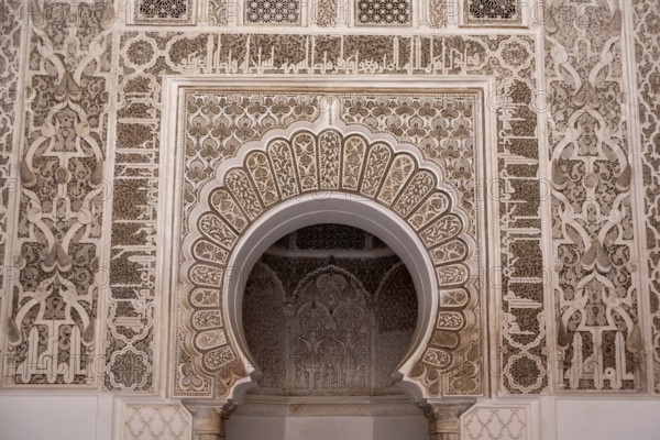MARRAKECH, MOROCCO, APRIL 18, 2023, Famous Madrassa Ben Youssef in the medina of Marrakech