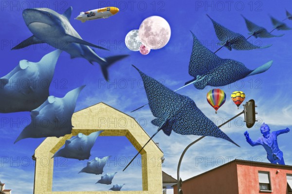 Whimsical composing, bare facades and traffic lights in front of blue with manta rays and rays, Munich, Bavaria, Germany, Europe
