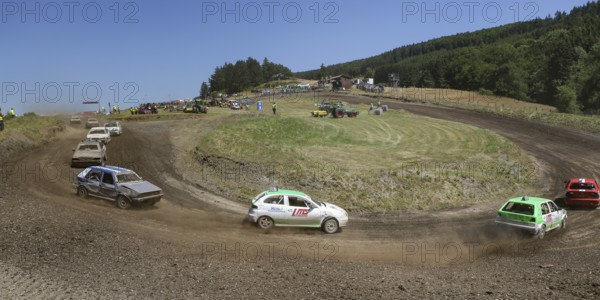 Car racing, autocross, race track of the RSG Aartal, panoramic race track, cars in the bend, blue sky, 7 July 2018, Eppe, Germany, Europe