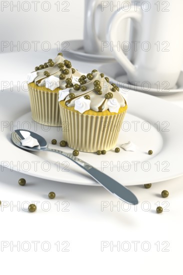 3d rendering of two delicious cupcakes on a plate