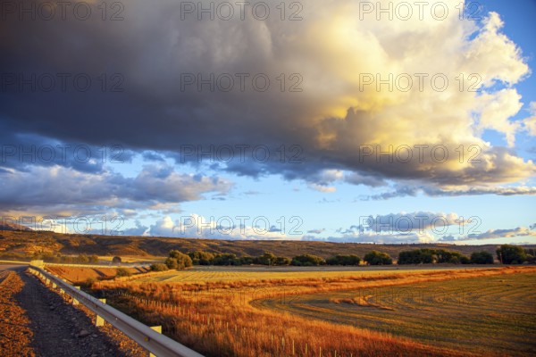 The endless Argentinean prairie and the famous Ruta 40 dirt road. A gigantic scenic thundercloud pierced by lightning strikes and illuminated by the sunset