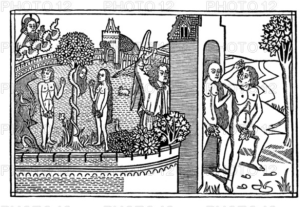 The Expulsion of Adam and Eve, wood engraving, Kölner-Bibel, Cologne bible, 1478