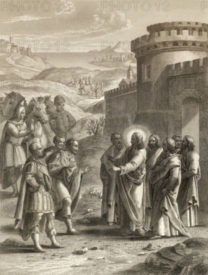 Healing the royal official's son, miracle of Jesus, New Testament, Steel engraving 1853, digitally restored