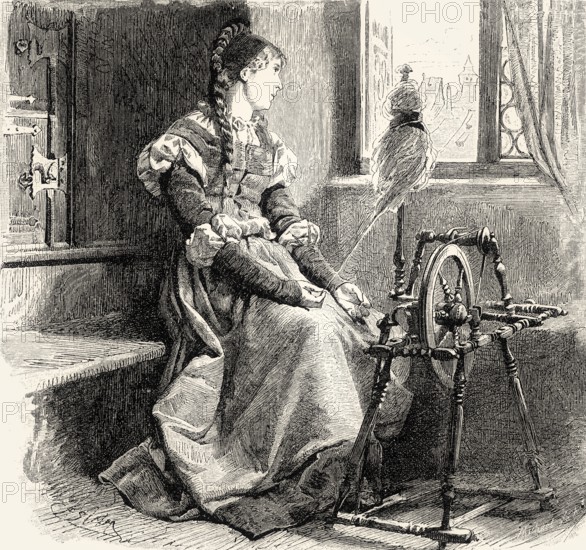 Gretchen alone at her spinning-wheel, first part of the tragic play Faust by Johann Wolfgang von Goethe, after Wilhelm von Kaulbach