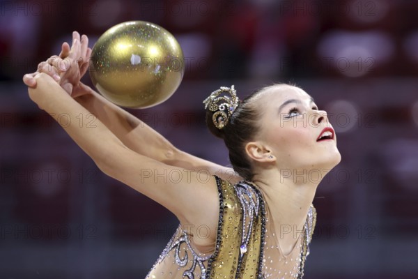 Sofia, Bulgaria - 27 March, 2021:Ekaterina Fetisova of Uzbekistan performs during the individual Ball final at the 2021 Rhythmic Gymnastics Sofia World Cup, Sofia, Bulgaria, Europe