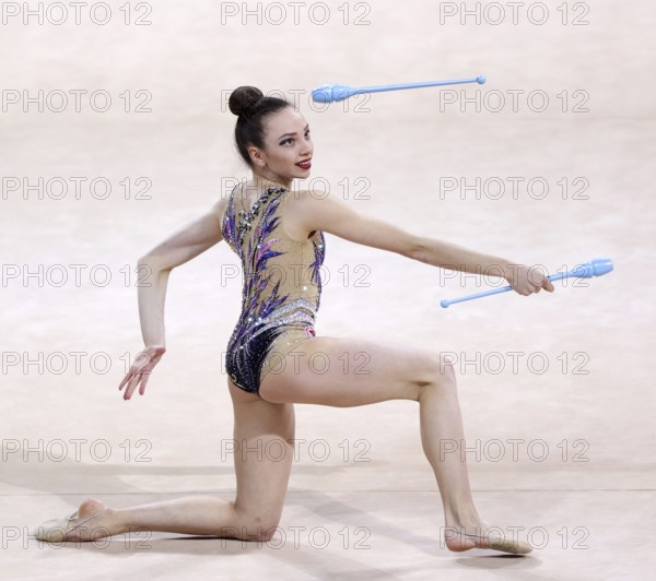 Sofia, Bulgaria - 27 March, 2021:Kamelya Tuncel of Turkey performs during the individual Clubs qualifications at the 2021 Rhythmic Gymnastics Sofia World Cup, Sofia, Bulgaria, Europe