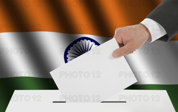 The Indian flag and the hand with the bulletin about the ballot box