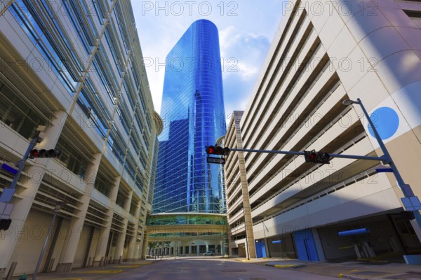 Houston skyline cityscape from Bell St in Texas US USA