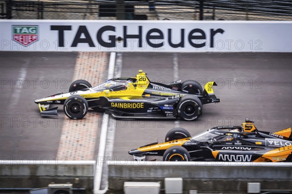 COLTON HERTA (26) of Valencia, California crosses the yard of bricks as they practice for the 108th Running of the Indianapolis 500 at the Indianapolis Motor Speedway in Speedway, IN