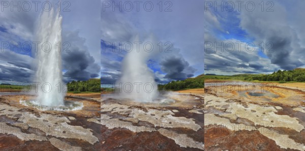 Collage showing different phases of the action of the geyser. Geyser Strokkur in Iceland. Fountain Geyser throws hot water every few minutes