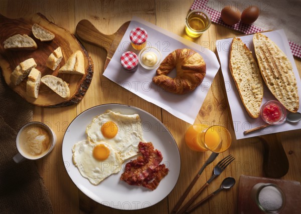 Continental breakfast croissant eggs bacon bread slices orange jiuce