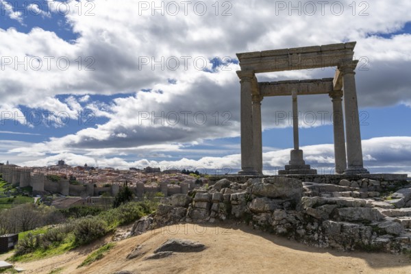 Avila, Spain, 8 April, 2024: view of the medieval walled city of Avila and the Quatro Postes viewpoint, Europe