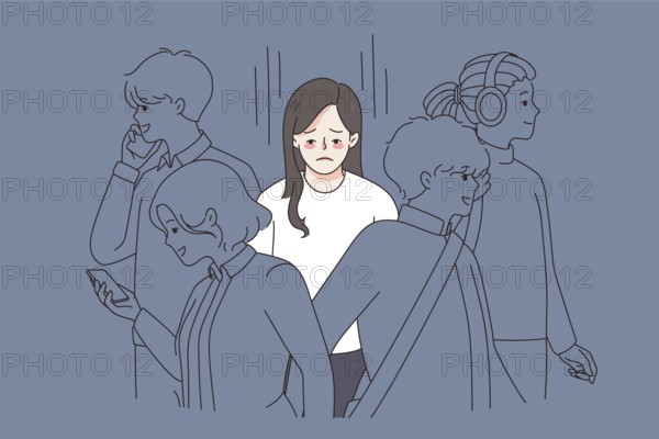 Unhappy young woman in crowd feel lonely abandoned in society. Upset sad girl suffer from loneliness and solitude. Depression and apathy concept. Emotional burnout. Flat vector illustration