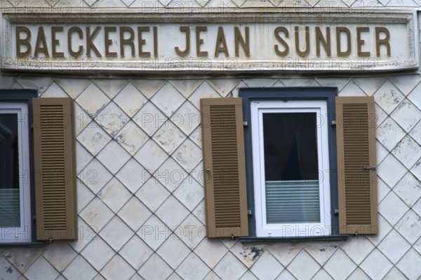 Bad Homburg, Germany - June 09, 2019: The exterior facade of the disused Jean Sünder bakery, a heritage-protected building in the old town on 09 June 2019 in Bad Homburg